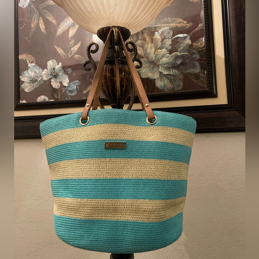 Blue and Tan Striped Tote Bag with Spacious Design